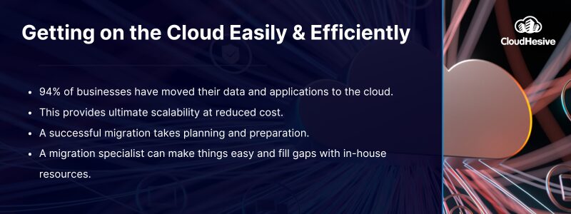 Key takeaways: 94% of businesses have moved their data and applications to the cloud. This provides ultimate scalability at reduced cost. A successful migration takes planning and preparation. A migration specialist can make things easy and fill gaps with in-house resources.