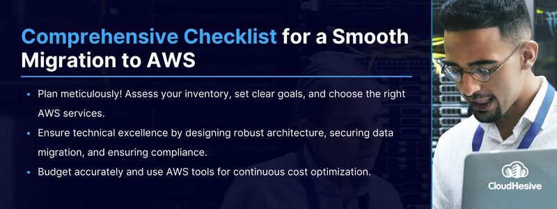 Key Takeaways
Plan meticulously! Assess your inventory, set clear goals, and choose the right AWS services.
Ensure technical excellence by designing robust architecture, securing data migration, and ensuring compliance.
Budget accurately and use AWS tools for continuous cost optimization.
