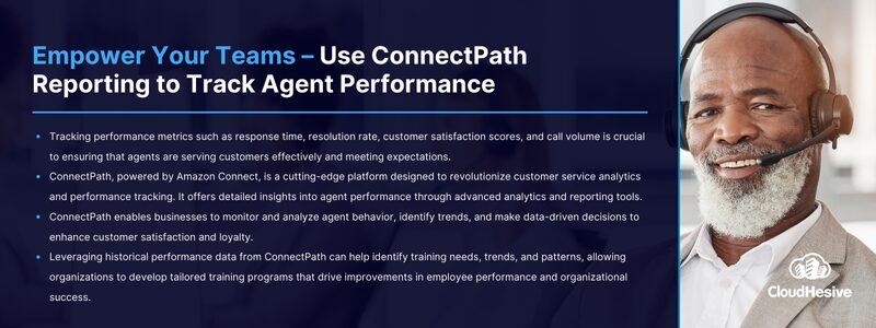 Key Takeaways: Tracking performance metrics such as response time, resolution rate, customer satisfaction scores, and call volume is crucial to ensuring that agents are serving customers effectively and meeting expectations. ConnectPath, powered by Amazon Connect, is a cutting-edge platform designed to revolutionize customer service analytics and performance tracking. It offers detailed insights into agent performance through advanced analytics and reporting tools. ConnectPath enables businesses to monitor and analyze agent behavior, identify trends, and make data-driven decisions to enhance customer satisfaction and loyalty. Leveraging historical performance data from ConnectPath can help identify training needs, trends, and patterns, allowing organizations to develop tailored training programs that drive improvements in employee performance and organizational success.