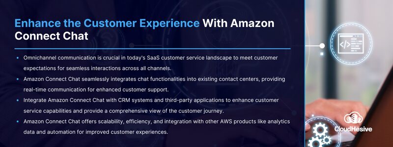 Key Takeaways: Omnichannel communication is crucial in today's SaaS customer service landscape to meet customer expectations for seamless interactions across all channels. Amazon Connect Chat seamlessly integrates chat functionalities into existing contact centers, providing real-time communication for enhanced customer support. Integrate Amazon Connect Chat with CRM systems and third-party applications to enhance customer service capabilities and provide a comprehensive view of the customer journey. Amazon Connect Chat offers scalability, efficiency, and integration with other AWS products like analytics data and automation for improved customer experiences. 